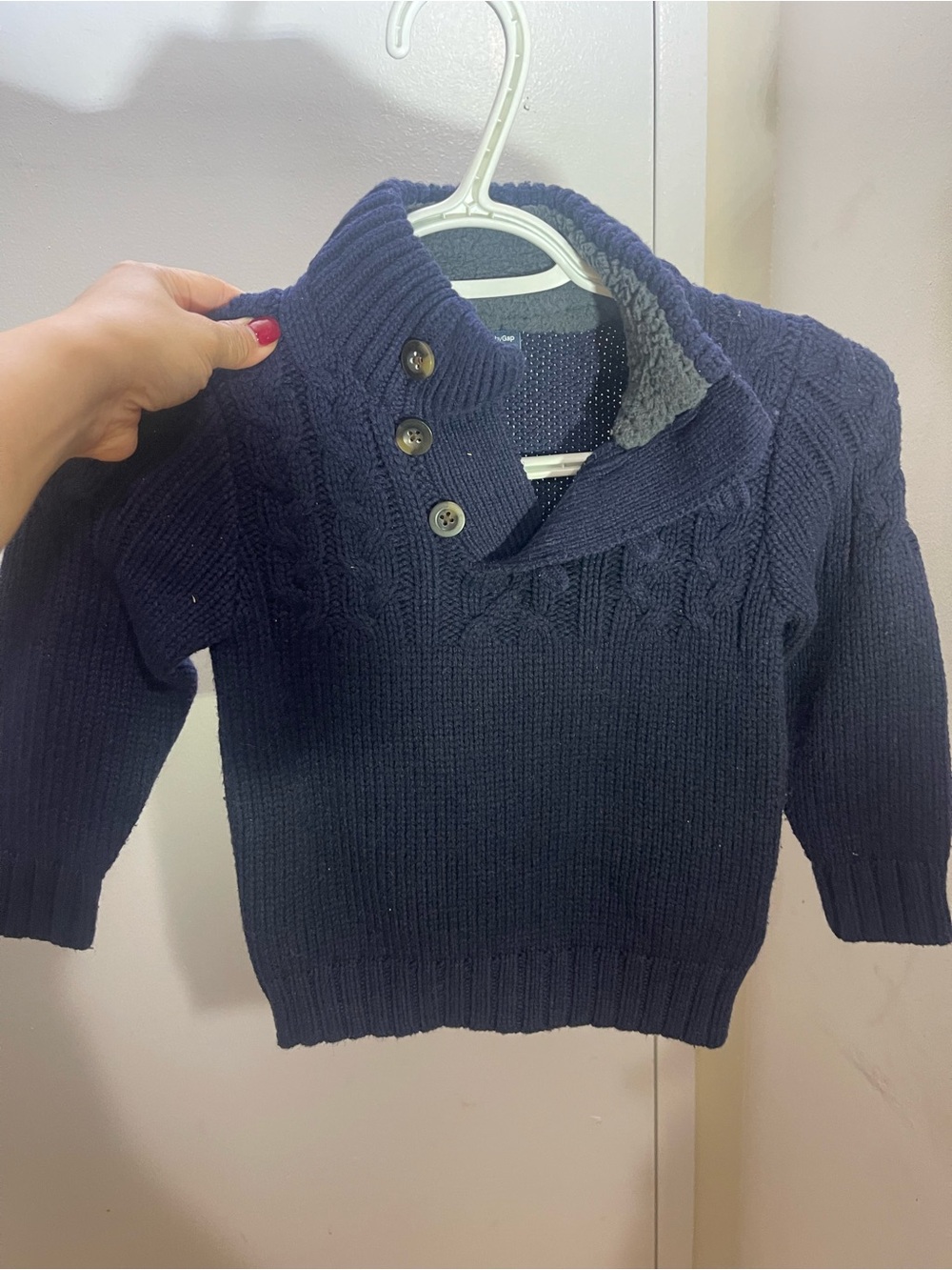 GAP Navy Button-Shoulder Cable Knit Sweater